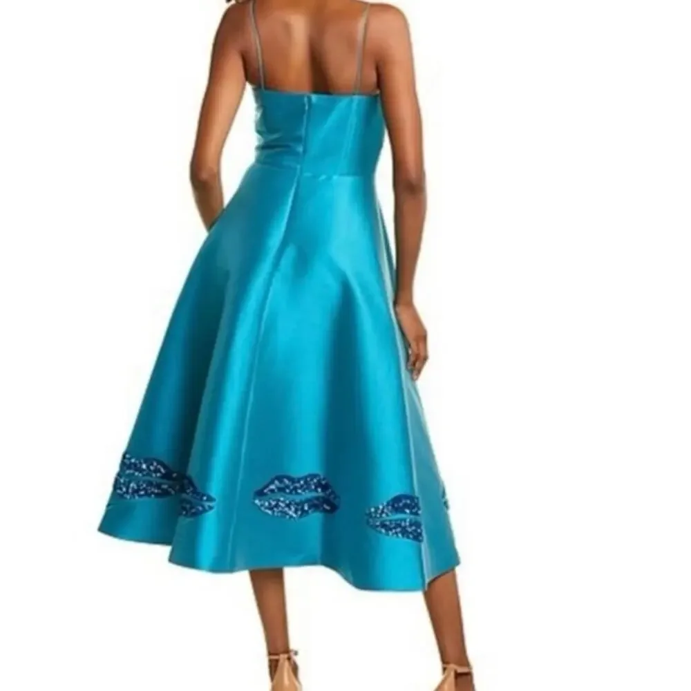 Sachin & Babi Tea length Gown-size‎ 4 teal, metallic sequin lips detail formal